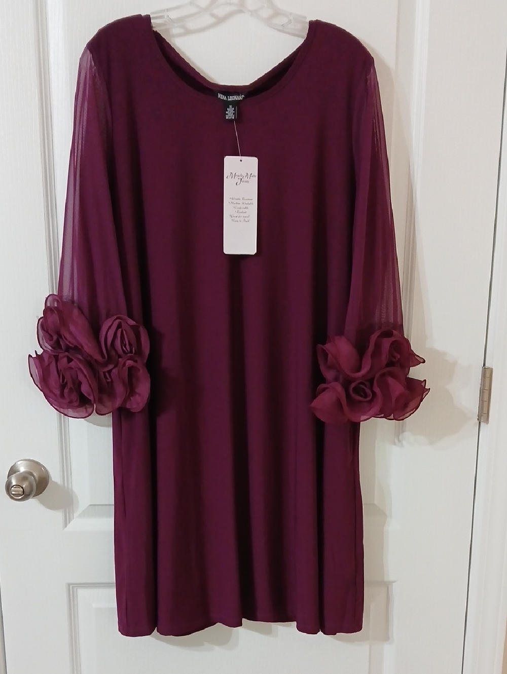 Nina Leonard Plum Long-Sleeve Shift Dress with Floral Cuffs
